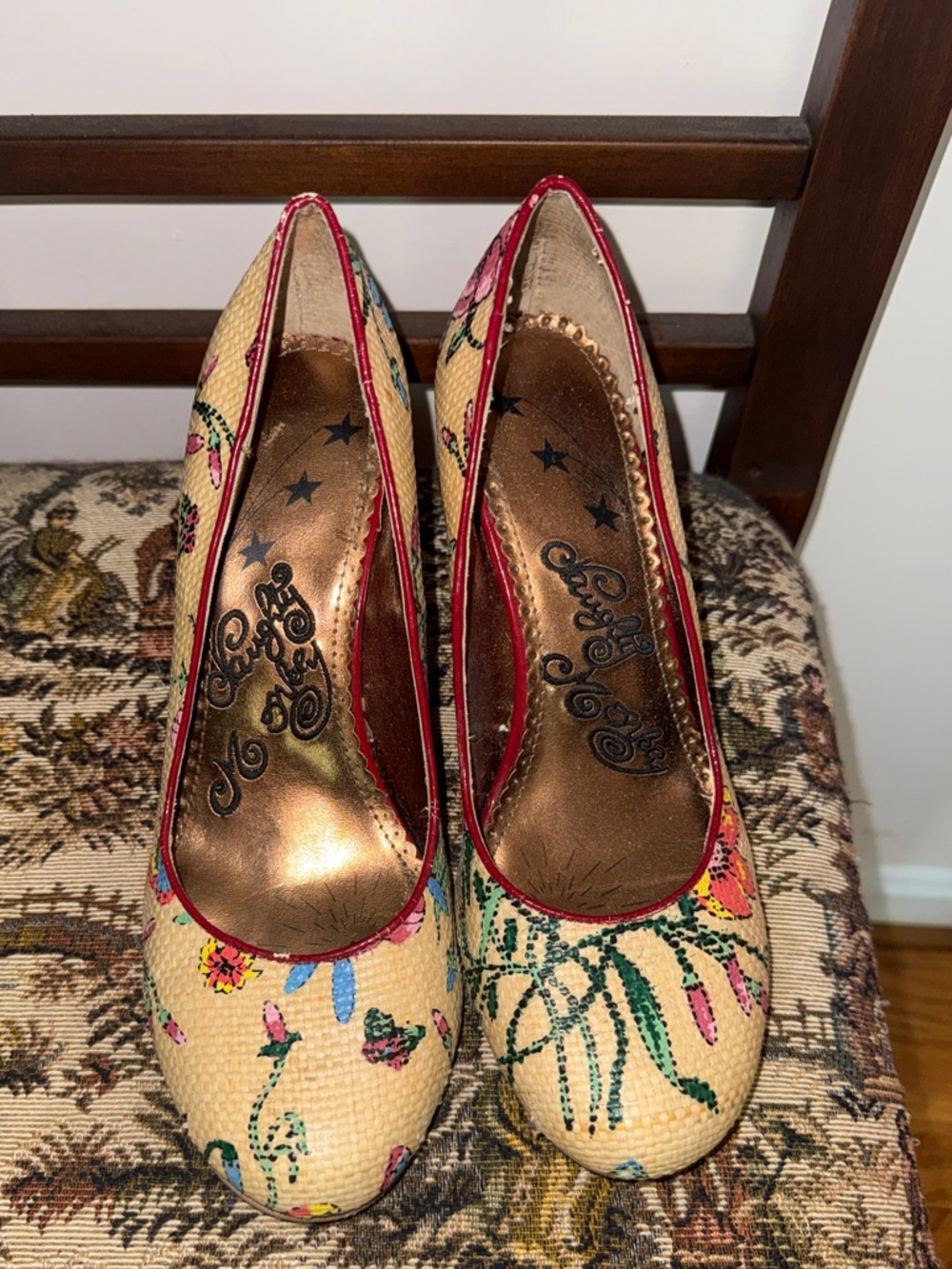 Naughty Monkey Floral Heels Pumps Straw Woven Multicolor Round Toe Size 8.5 - Picture 7 of 12